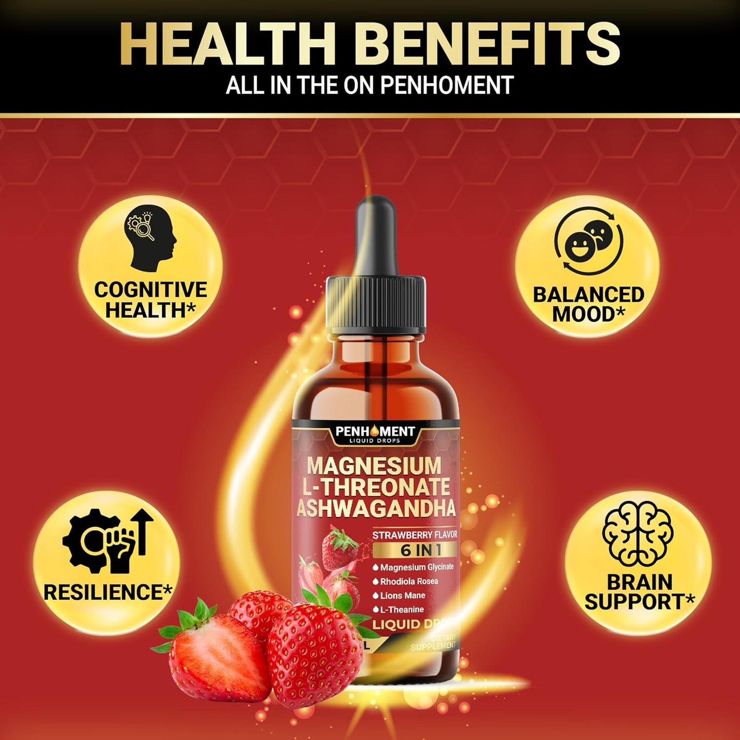 6in1 Magnesium L-Threonate Liquid Drops with Ashwagandha & Glycinate - Brain & Immune Support - 2 Fl Oz - Strawberry Flavor