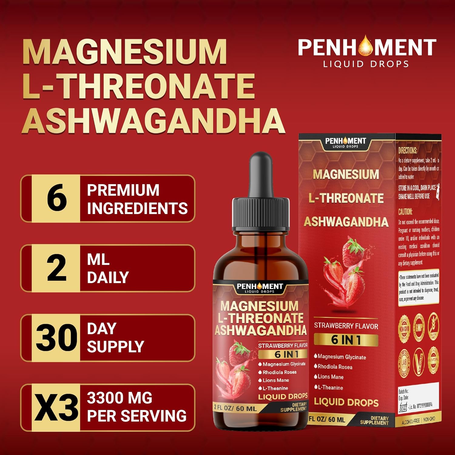 6in1 Magnesium L-Threonate Liquid Drops with Ashwagandha & Glycinate - Brain & Immune Support - 2 Fl Oz - Strawberry Flavor