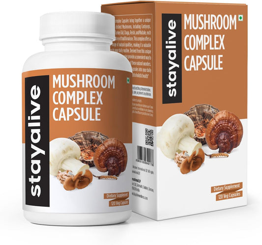 6in1 Mushroom Supplement 1000mg with Lions Mane, Reishi, Cordyceps, Maitake, Chaga, Turkey Tail - 120 Vegan Capsules