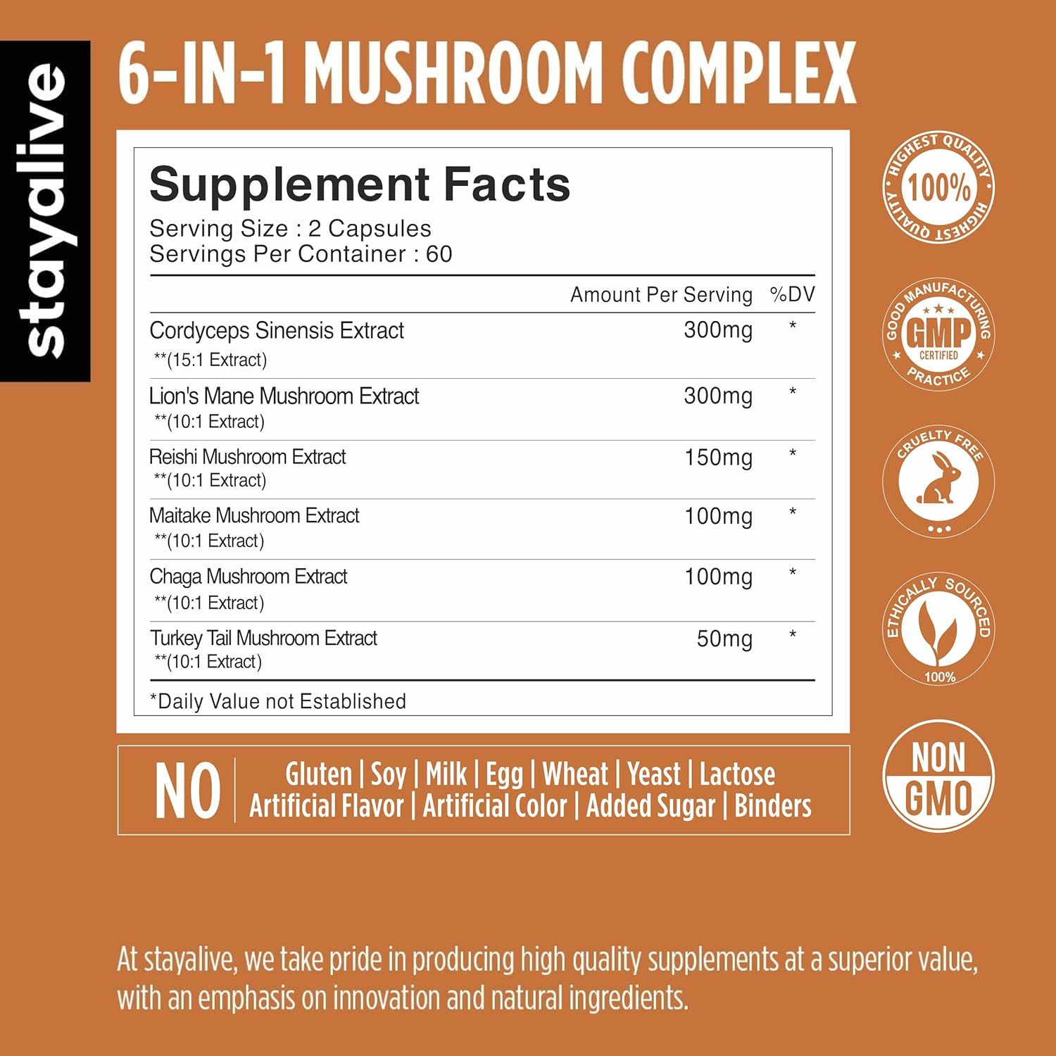 6in1 Mushroom Supplement 1000mg with Lions Mane, Reishi, Cordyceps, Maitake, Chaga, Turkey Tail - 120 Vegan Capsules