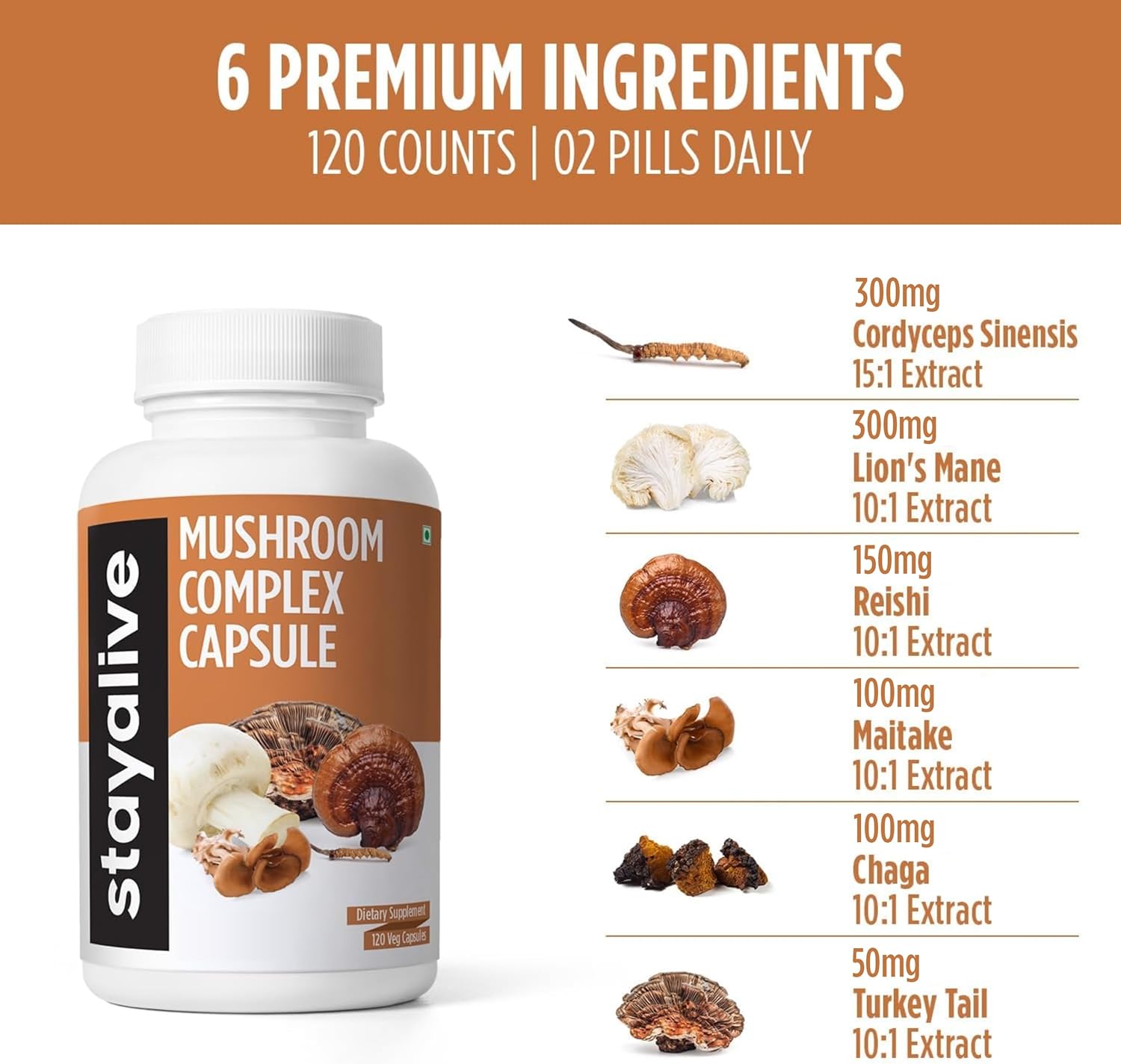 6in1 Mushroom Supplement 1000mg with Lions Mane, Reishi, Cordyceps, Maitake, Chaga, Turkey Tail - 120 Vegan Capsules