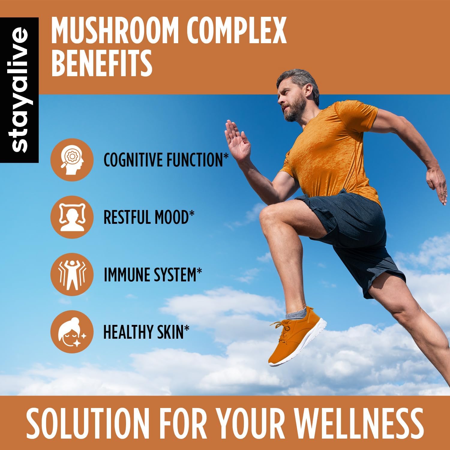 6in1 Mushroom Supplement 1000mg with Lions Mane, Reishi, Cordyceps, Maitake, Chaga, Turkey Tail - 120 Vegan Capsules