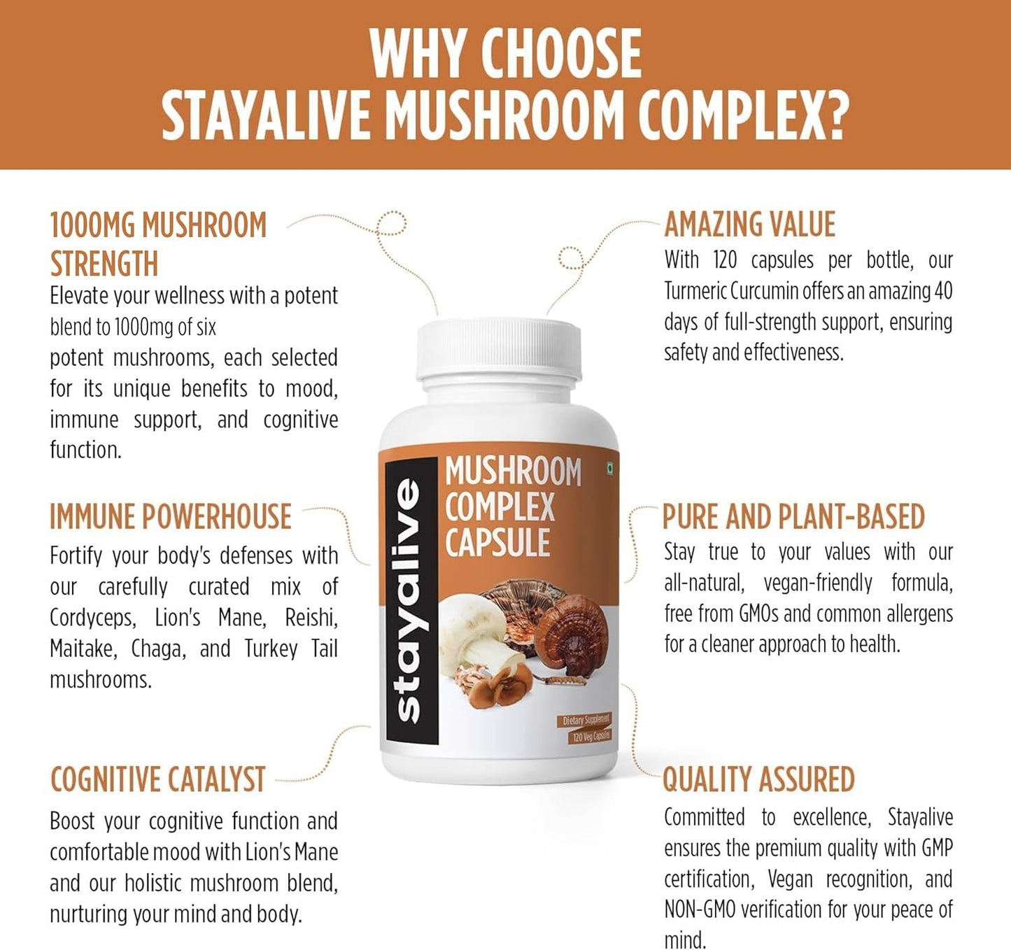 6in1 Mushroom Supplement 1000mg with Lions Mane, Reishi, Cordyceps, Maitake, Chaga, Turkey Tail - 120 Vegan Capsules