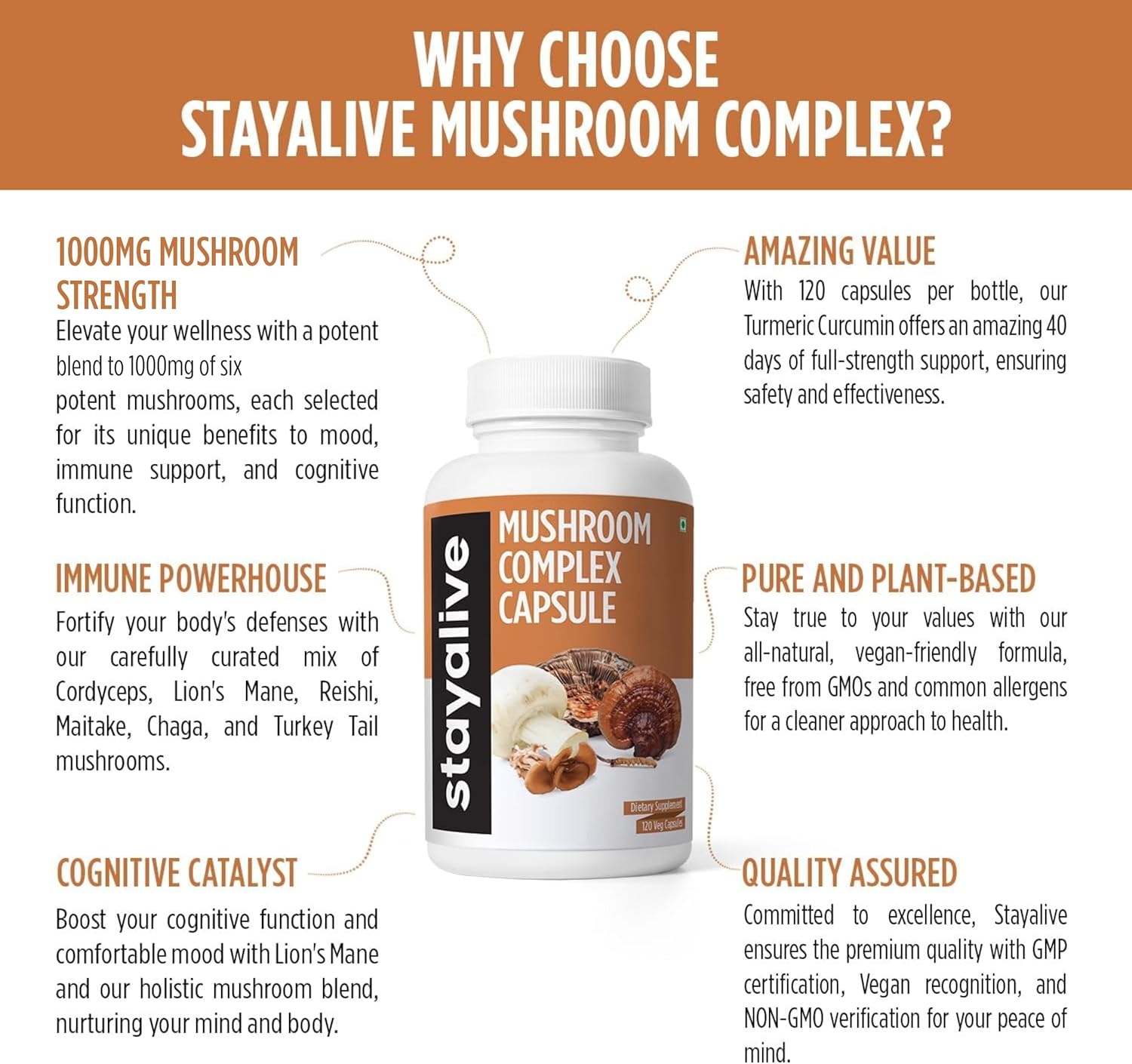 6in1 Mushroom Supplement 1000mg with Lions Mane, Reishi, Cordyceps, Maitake, Chaga, Turkey Tail - 120 Vegan Capsules