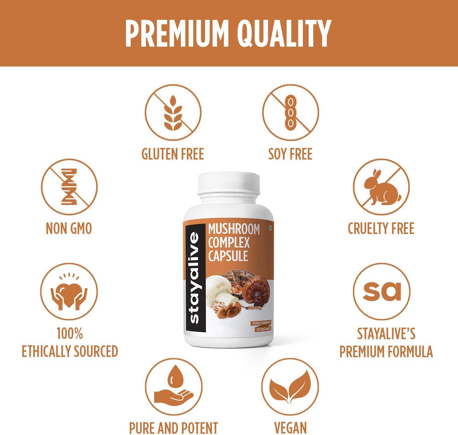 6in1 Mushroom Supplement 1000mg with Lions Mane, Reishi, Cordyceps, Maitake, Chaga, Turkey Tail - 120 Vegan Capsules