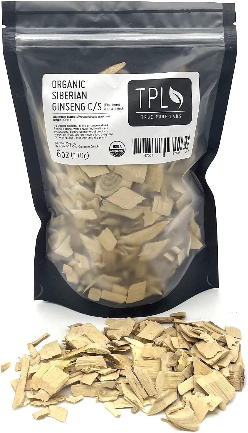 6oz Premium Quality TPL Organic Siberian Ginseng Eleuthero Root Dried C/S - Certified Organic, Gluten Free, Non GMO, Vegan
