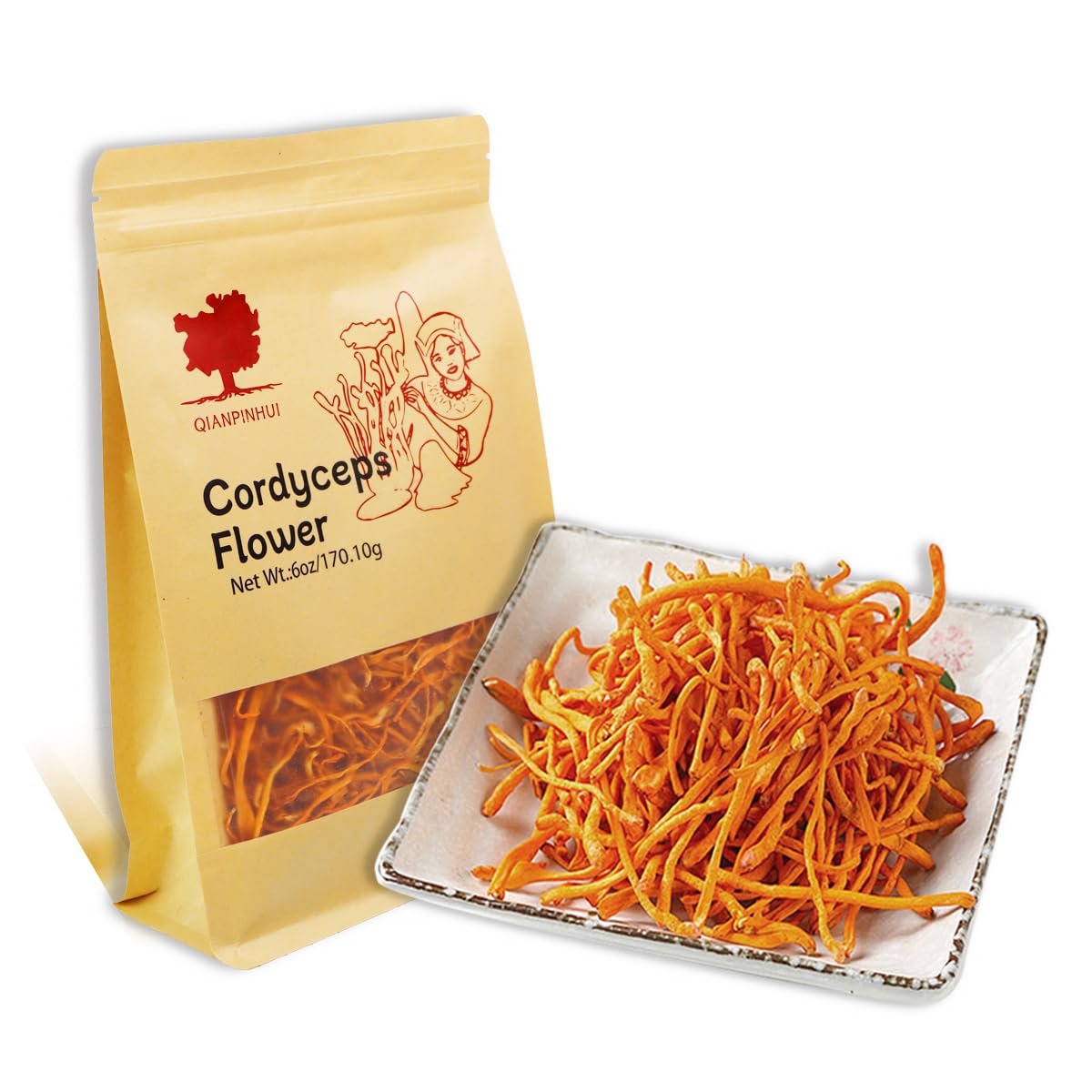 6oz QIANPINHUI Cordyceps Flower Whole Dried Mushroom - Boosts Energy, Reduces Fatigue for Cooking/Tea