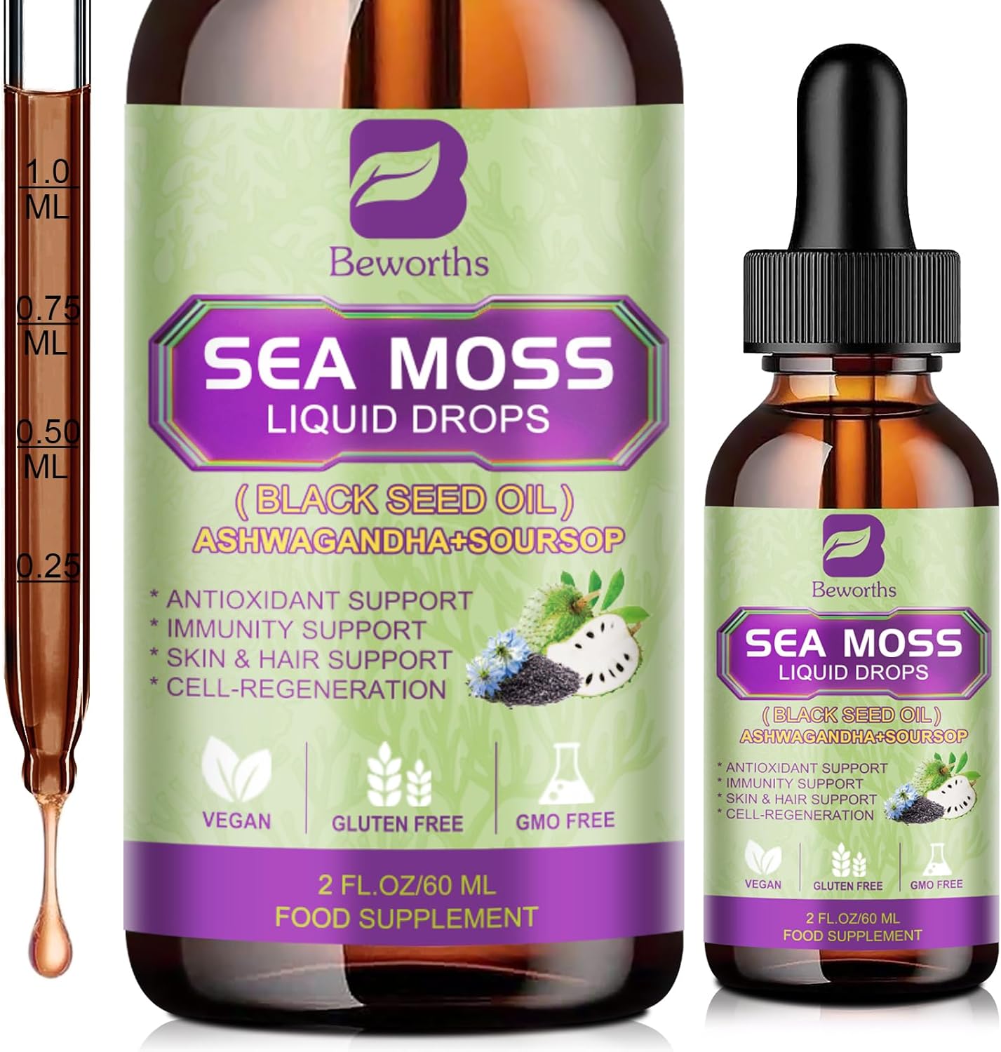 6X Stronger Sea Moss Liquid Drop with Black Seed Oil, Ashwagandha, Soursop Bitters, Elderberry, and More - Immune and Gut Health Supplement