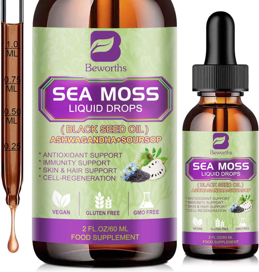 6X Stronger Sea Moss Liquid Drop with Black Seed Oil, Ashwagandha, Soursop Bitters, Elderberry, and More - Immune and Gut Health Supplement