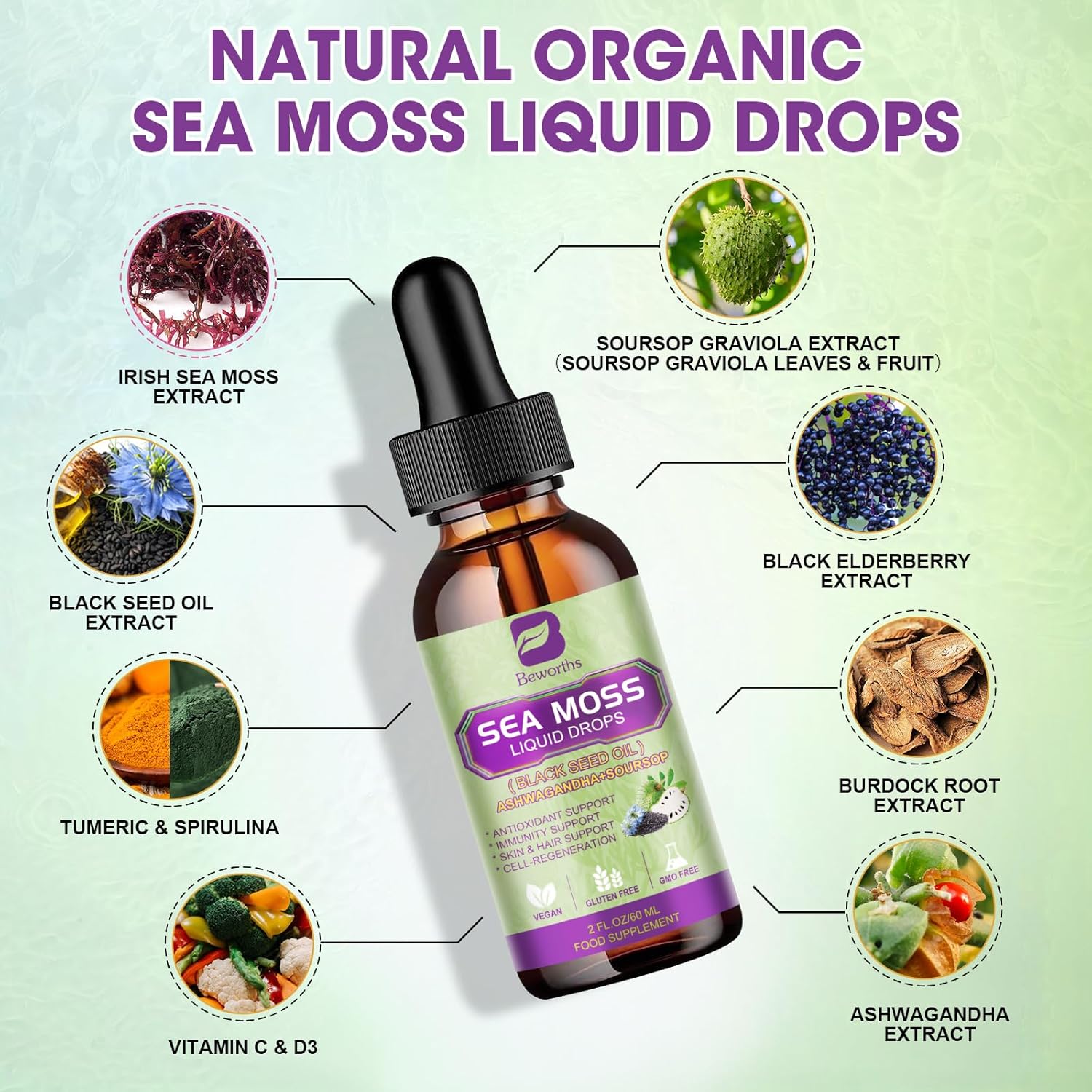 6X Stronger Sea Moss Liquid Drop with Black Seed Oil, Ashwagandha, Soursop Bitters, Elderberry, and More - Immune and Gut Health Supplement