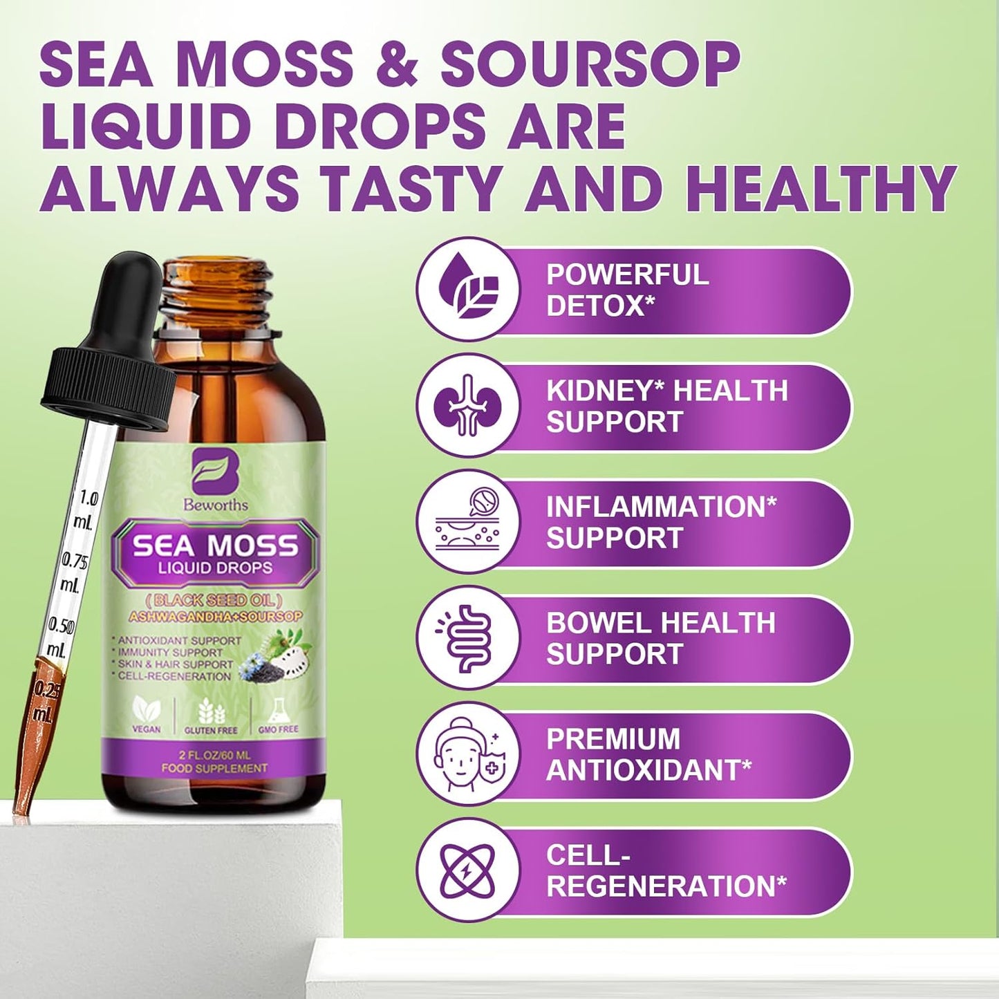 6X Stronger Sea Moss Liquid Drop with Black Seed Oil, Ashwagandha, Soursop Bitters, Elderberry, and More - Immune and Gut Health Supplement