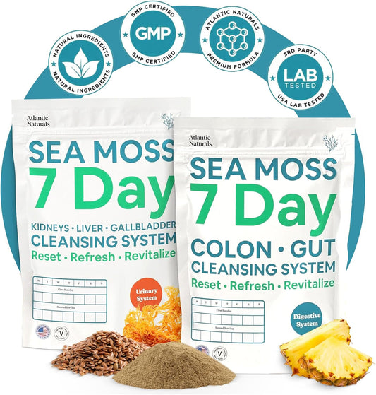 7-Day Full Body Cleanse Detox Bundle with Atlantic Naturals Sea Moss, Psyllium Husk, Senna Powder, Kidney, Liver, Gallbladder Support, Pineapple Drink Mix