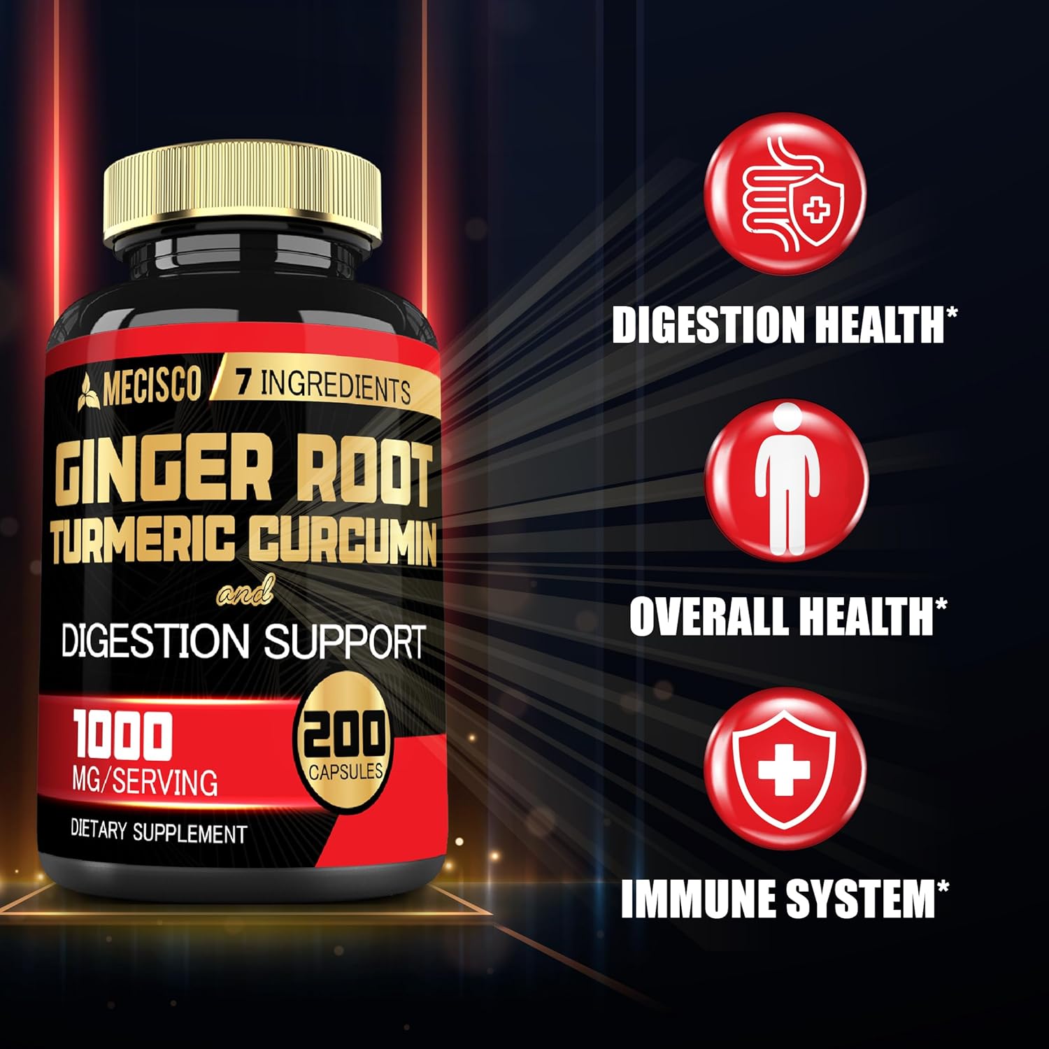 7-in-1 Ginger Root Supplement with Turmeric, Berberine, Peppermint, Astragalus, Ceylon Cinnamon, Beet Root - 200 Capsules