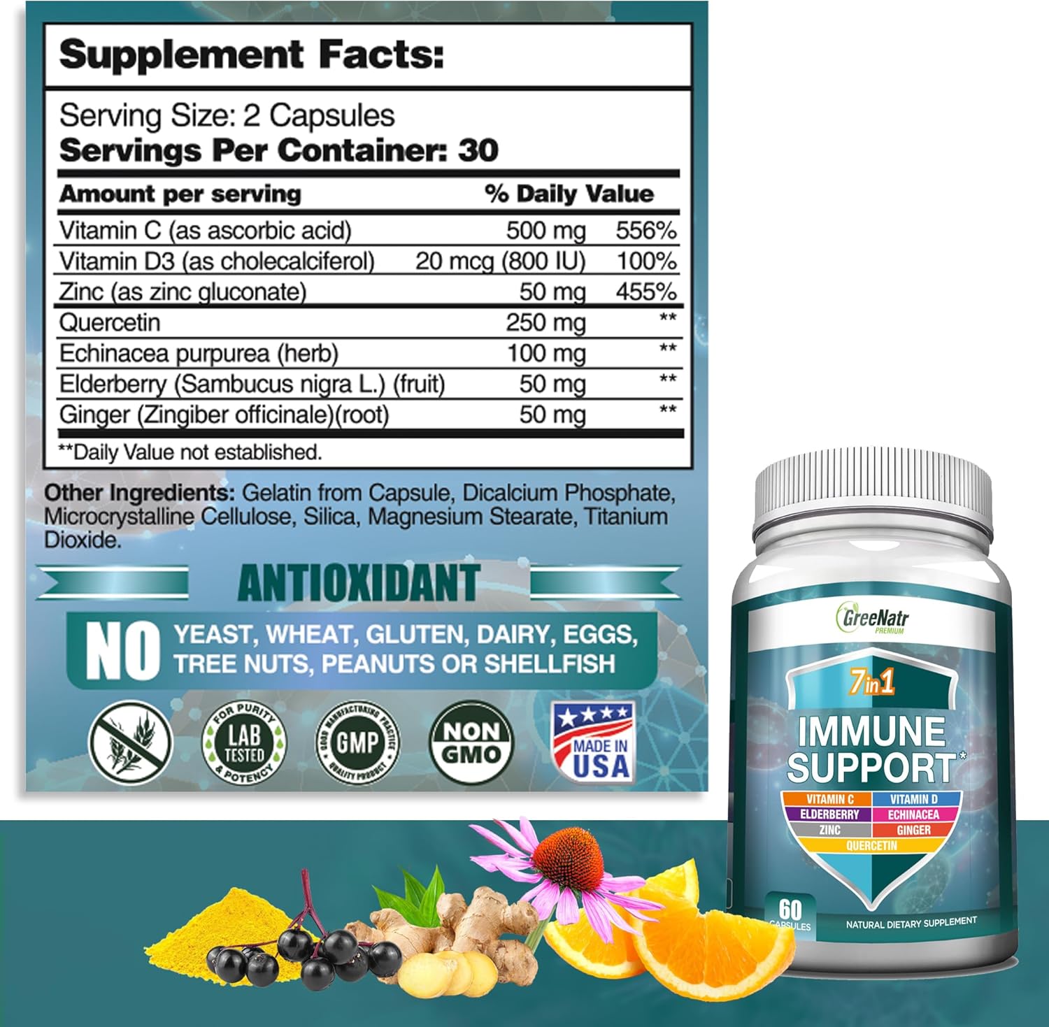 7-in-1 Immune & Liver Support Supplement with Vitamin C, D3, Zinc - Detox & Repair Formula - GreeNatr Immune & Liver Health Blend