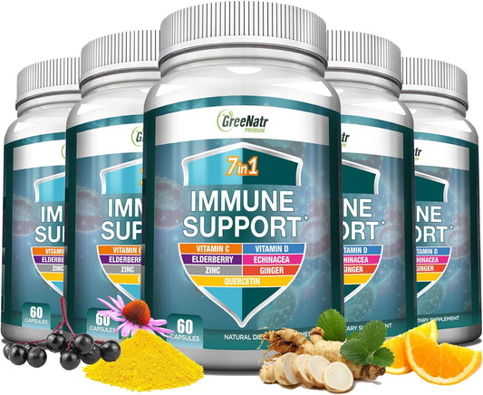 7-in-1 Immune Support Supplement with Vitamin C, D3, Zinc, Quercetin, Echinacea, Elderberry, and Ginger - 60 Capsules x 6