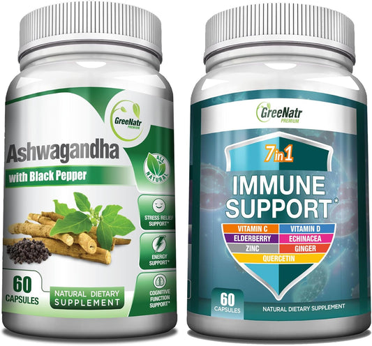 7-in-1 Immune Support Supplement with Vitamin C, D3, Zinc, Quercetin, and Ashwagandha Capsules with Black Pepper for Better Absorption by GreeNatr