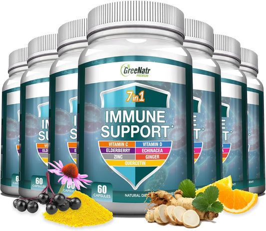 7-in-1 Immune Support Supplement with Vitamin C, D3, Zinc, Quercetin, Echinacea, Elderberry, Ginger - 60 Capsules