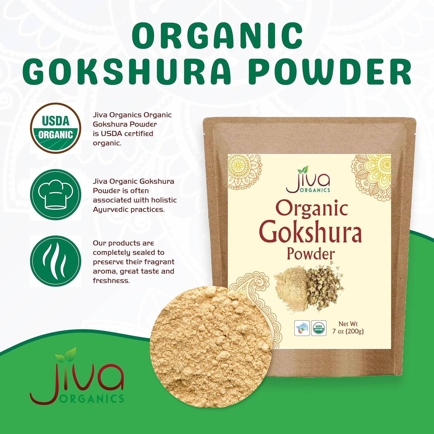 7 oz Bag of Jiva Organics Gokshura Powder - Pure Indian Tribulus, Non-GMO Full Spectrum