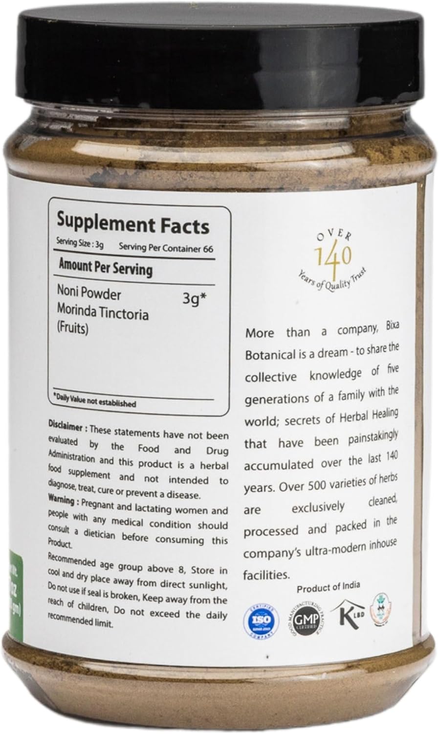7 Oz Bixa Botanical Ayurvedic Noni Powder - Pure Herbal Supplement with Vitamin C for Antioxidant Energy Boost