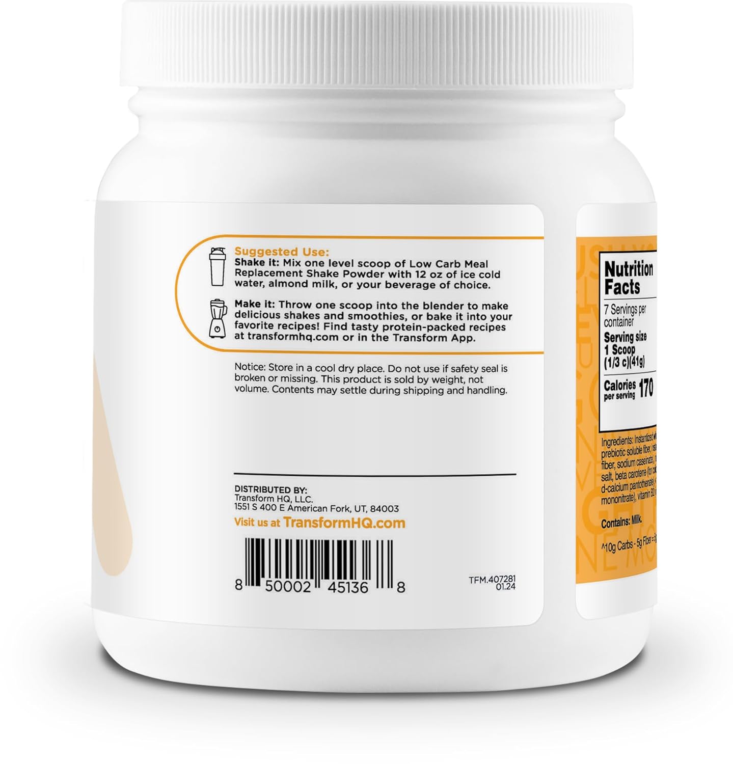 7-Serving Orange Cream Meal Replacement Shake Powder - Gluten-Free & Non-GMO by TransformHQ