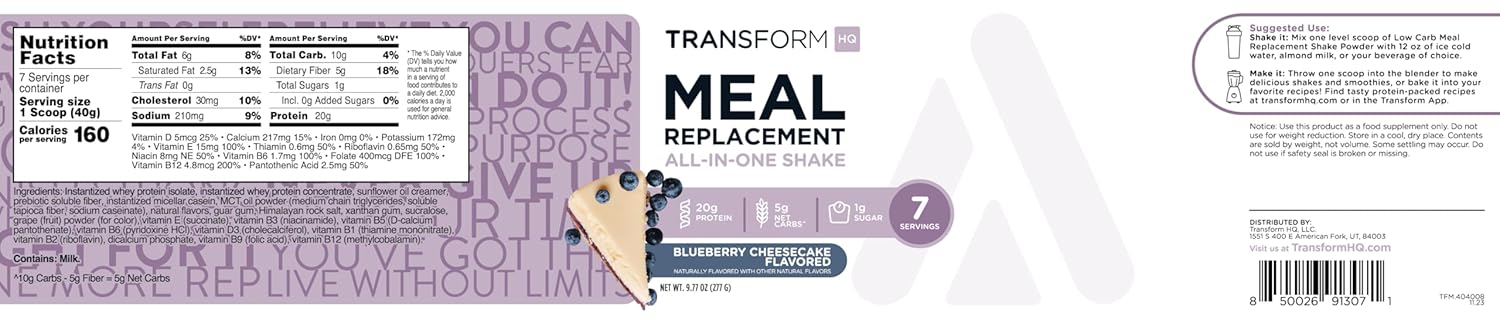 7 Servings of Blueberry Cheesecake Meal Replacement Shake Powder - Gluten-Free and Non-GMO by TransformHQ