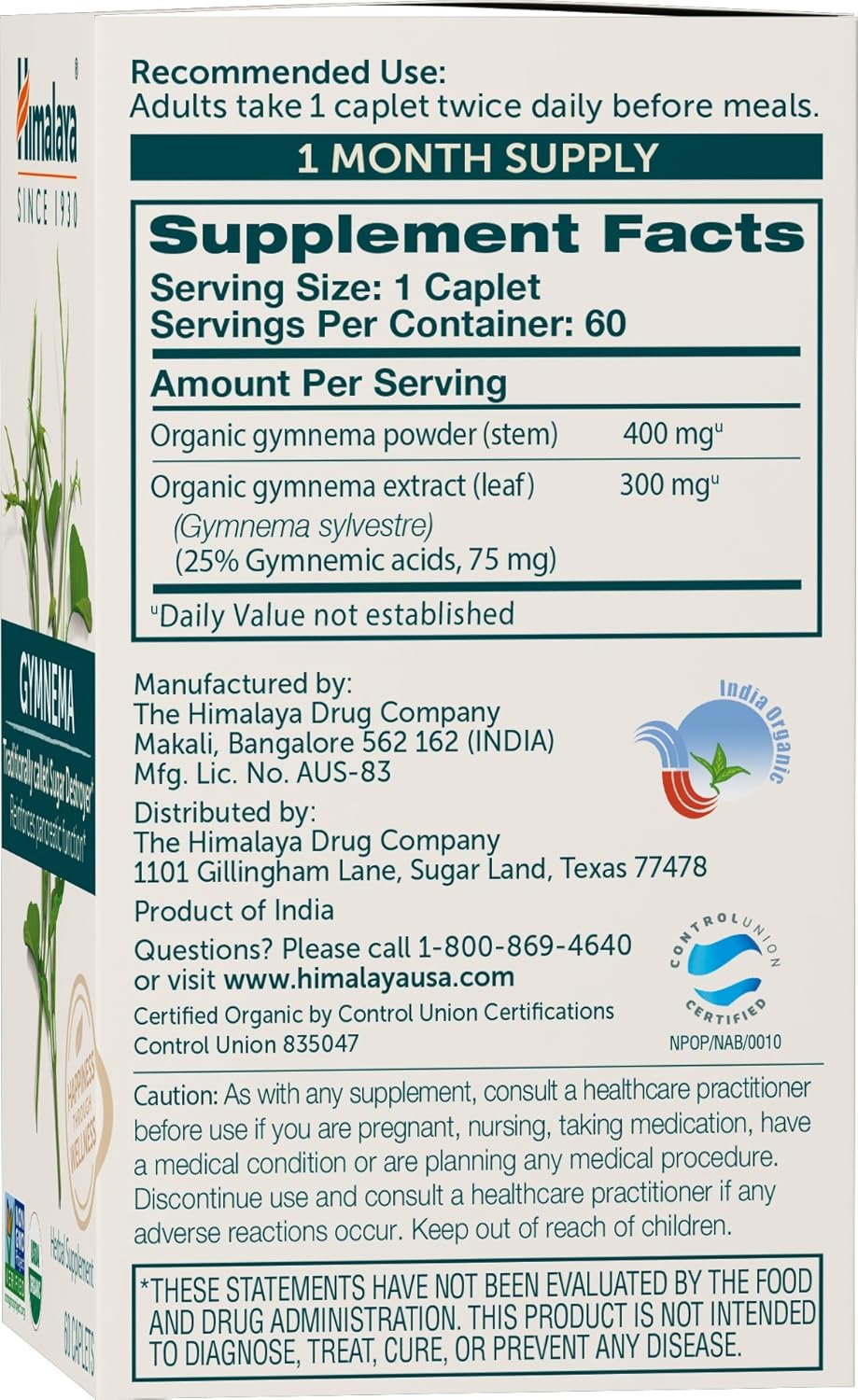 700 mg Himalaya Organic Gymnema Sylvestre Caplets - 60 Count - 1 Month Supply