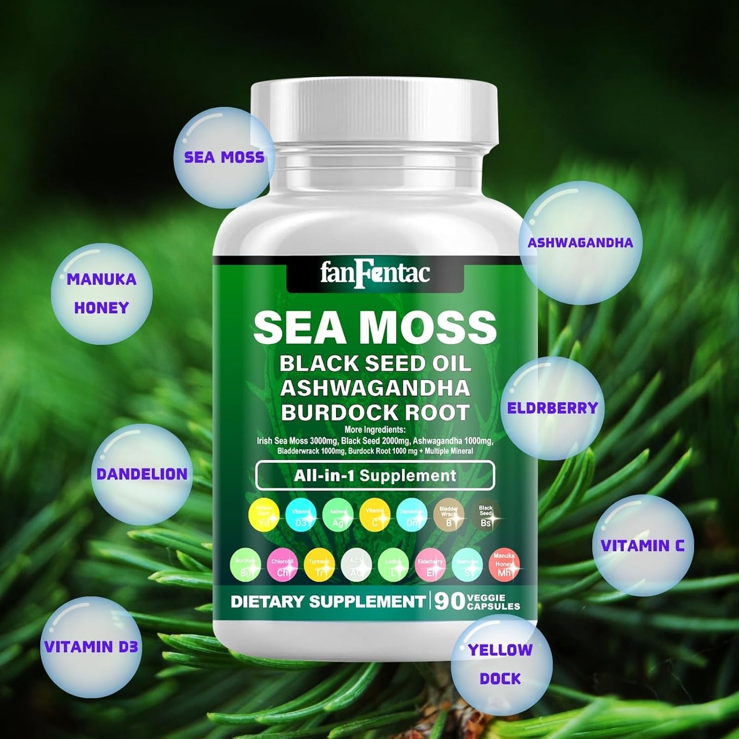 7000mg Sea Moss & Black Seed Oil Capsules with Ashwagandha, Bladderwrack, Turmeric, Burdock, Vitamin C, D3, Minerals - 180 Count