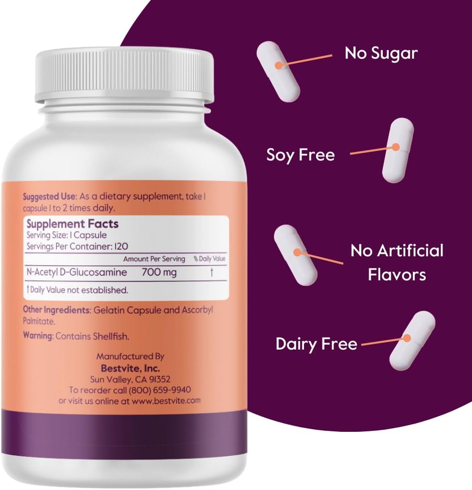 700mg N-Acetyl Glucosamine (N-A-G) Capsules, 120 Count - Non GMO & Gluten Free - No Stearates