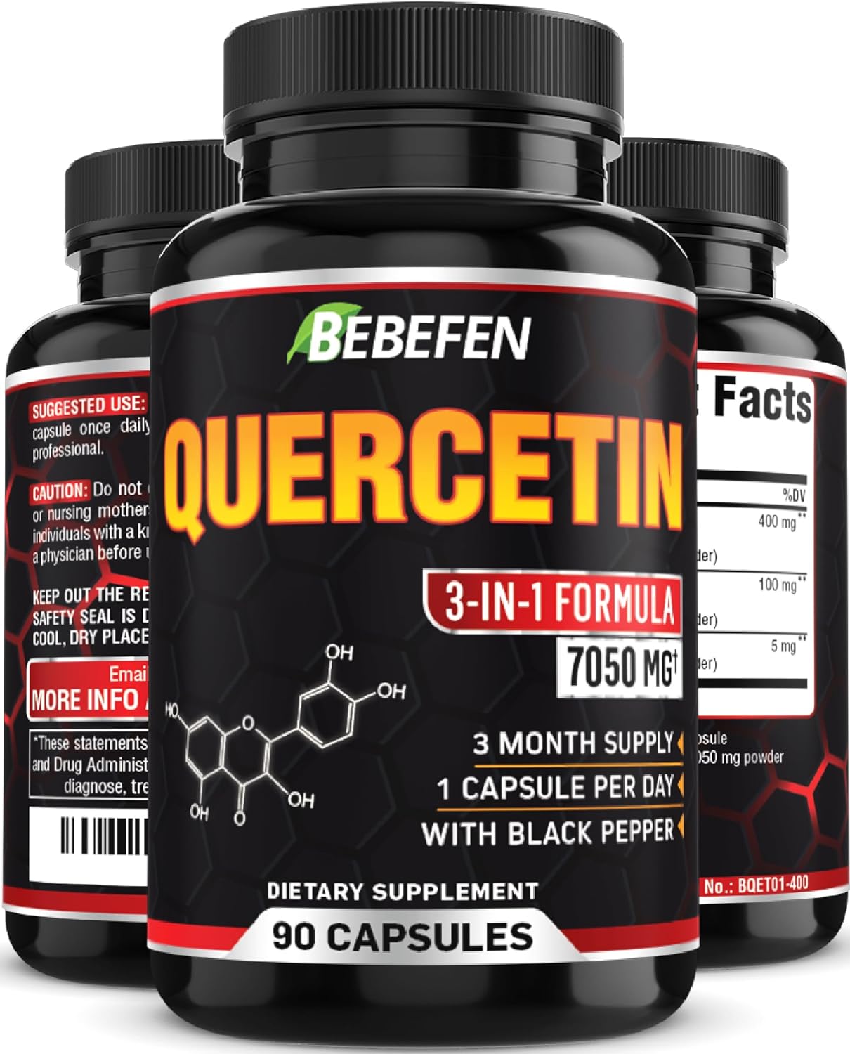 7050mg Quercetin Capsules with Black Pepper Extract - 90 Capsules for Immune & Cardiovascular Health - 3 Month Supply
