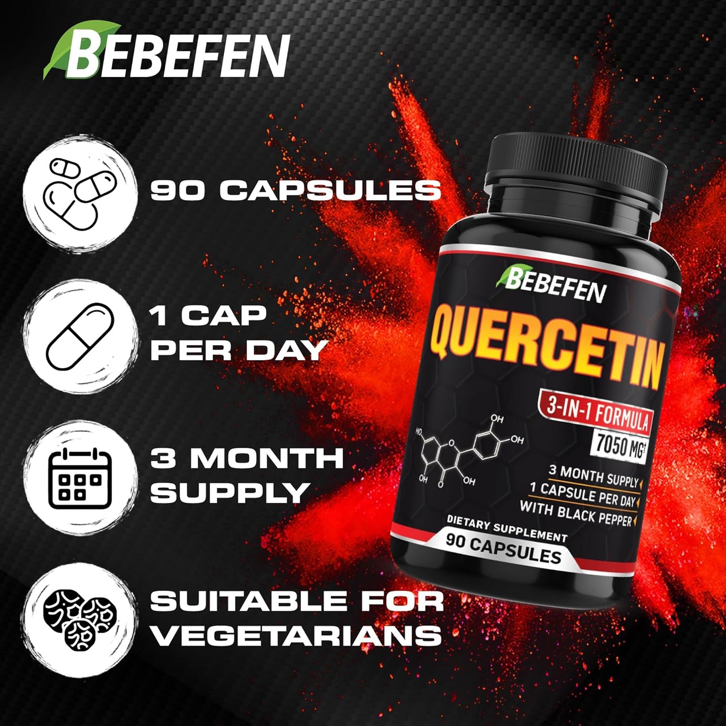 7050mg Quercetin Capsules with Black Pepper Extract - 90 Capsules for Immune & Cardiovascular Health - 3 Month Supply