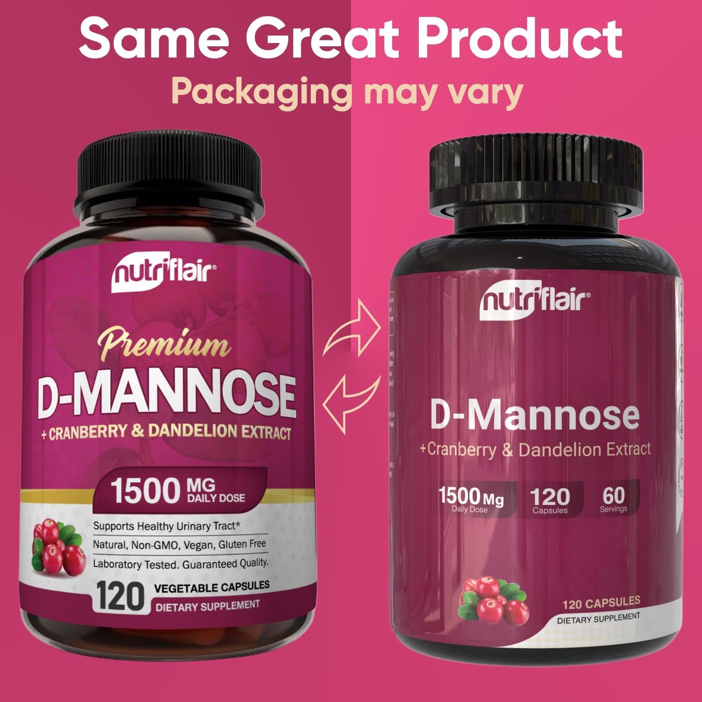 D-Mannose 1200mg Capsules with Cranberry and Dandelion - Natural UTI Support - Vegan Formula - 120 Capsules