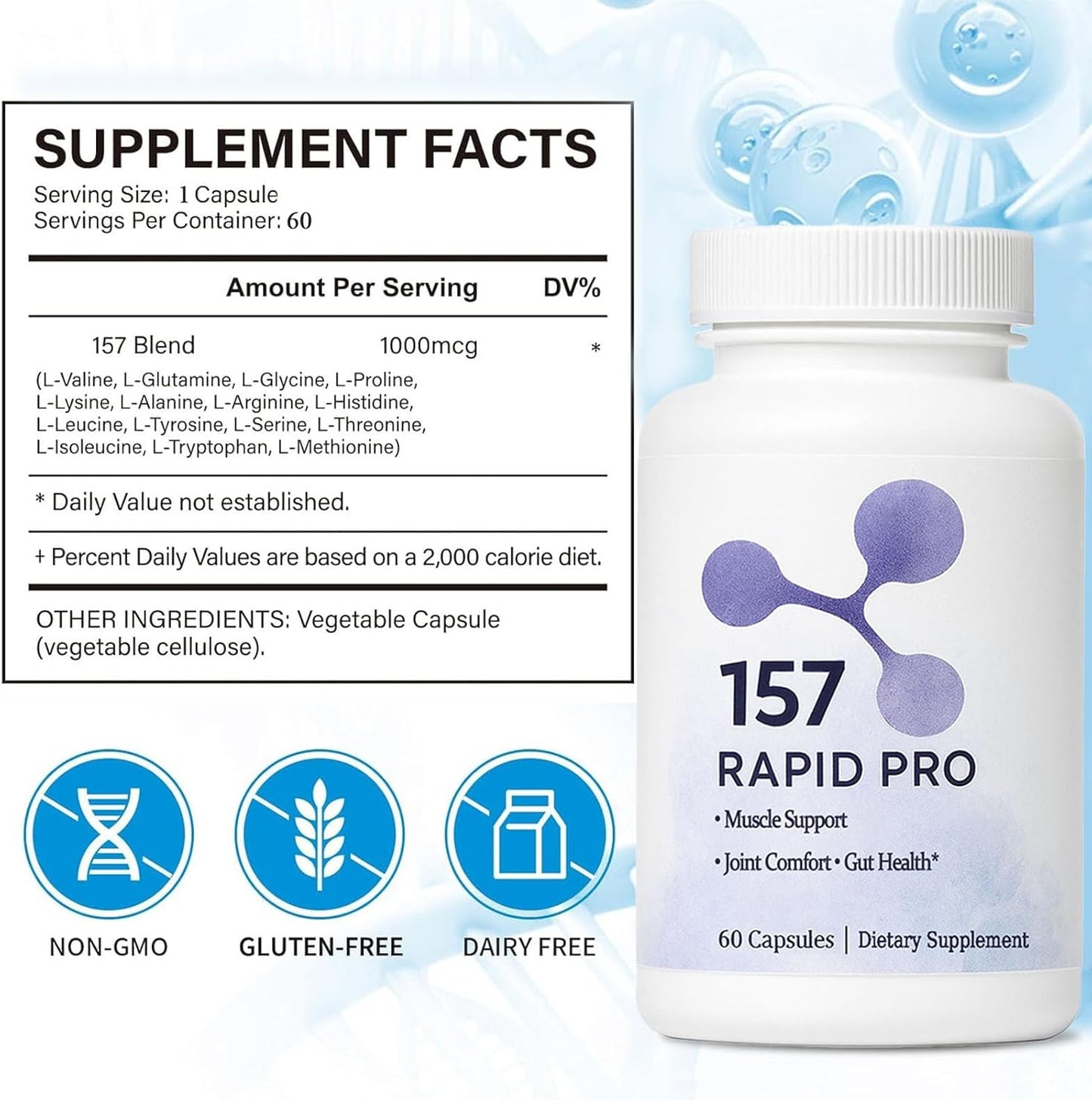 BPC-157 Rapid Pro Capsules - 500mcg, Non-GMO, Dairy & Gluten Free, Protective Compound 157 - 60 Capsules