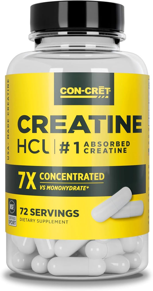 72ct CON-CRET Creatine HCl Capsules for Muscle, Cognitive, and Cellular Energy Support - No Bloating or Cramps - USA Made & NSF Certified