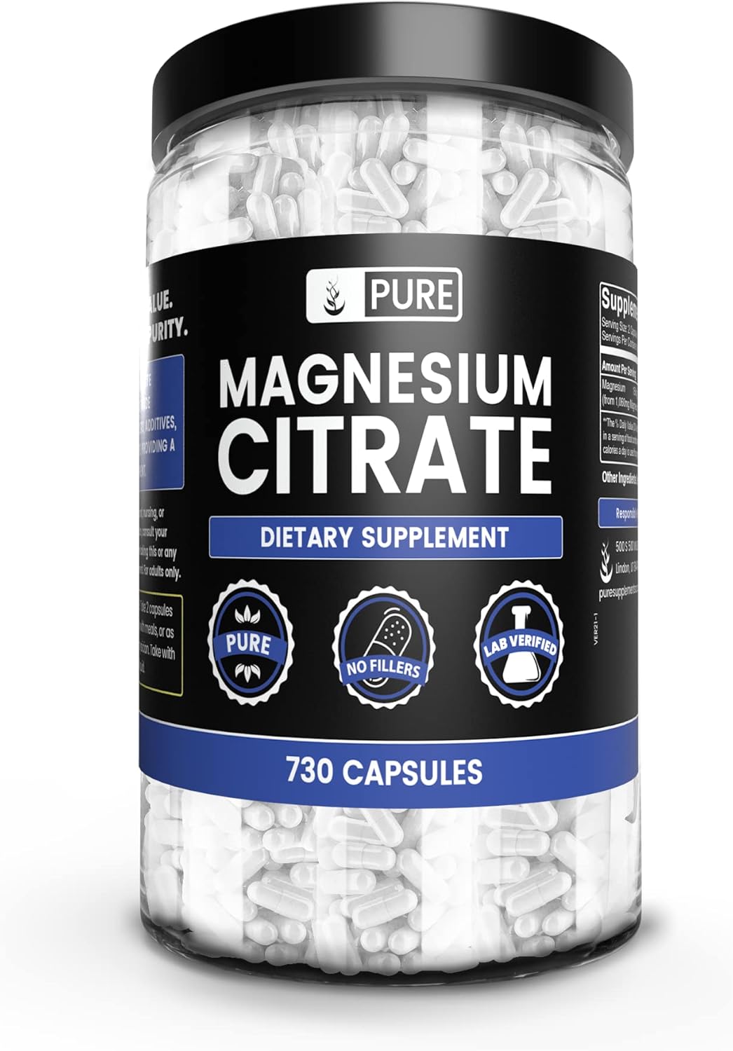 730 Capsules of Pure Magnesium Citrate with Original Ingredients - No Fillers, Lab Verified