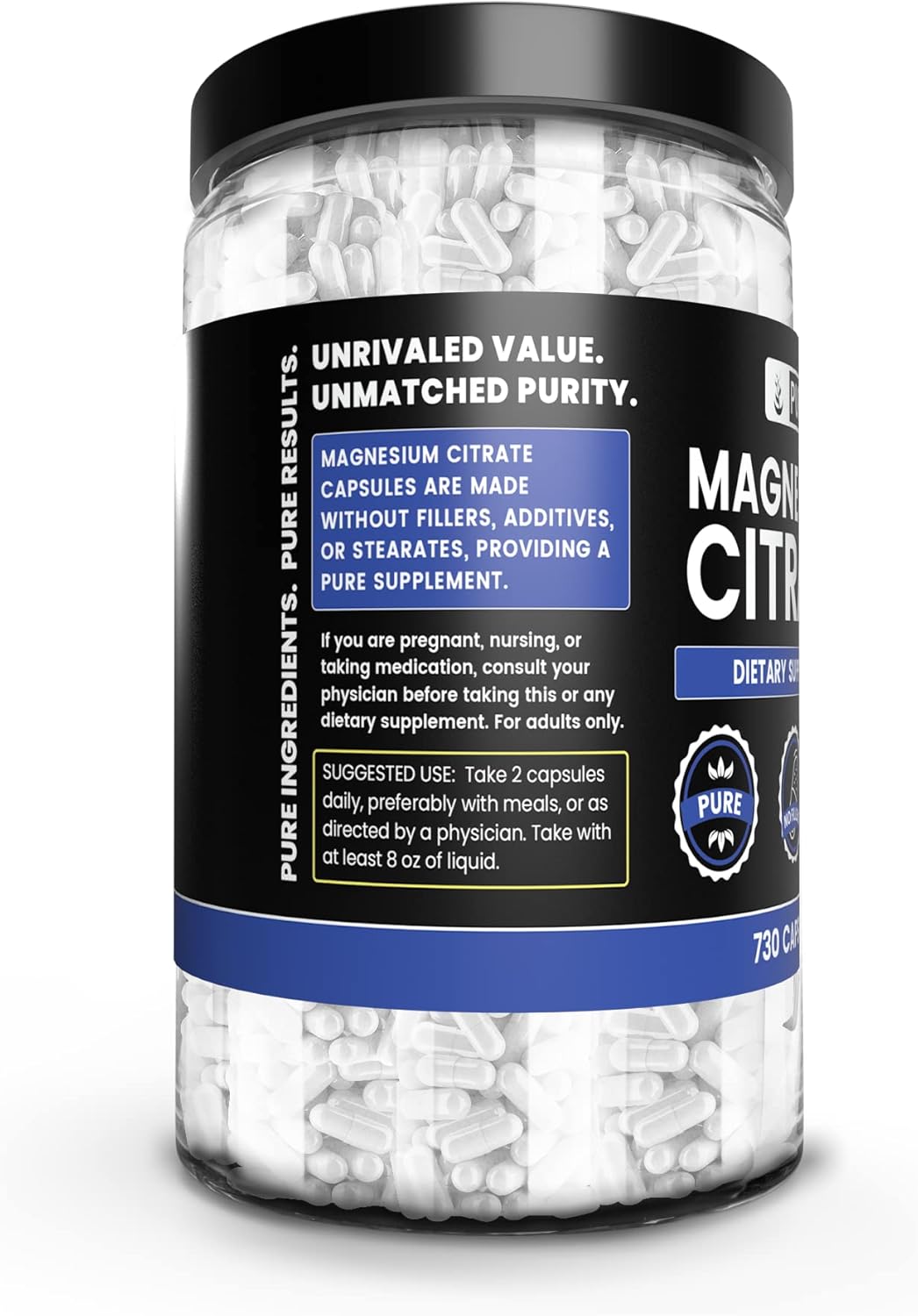 730 Capsules of Pure Magnesium Citrate with Original Ingredients - No Fillers, Lab Verified