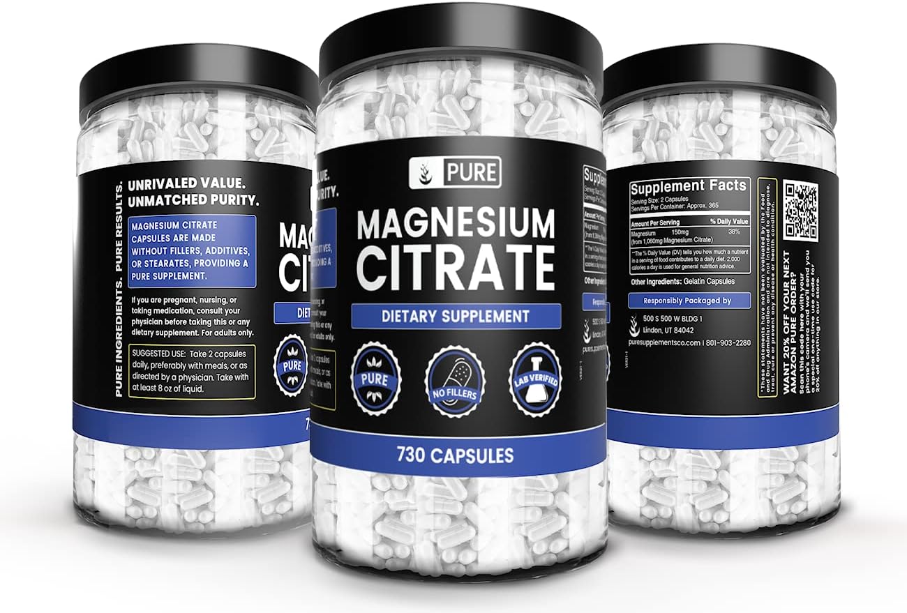 730 Capsules of Pure Magnesium Citrate with Original Ingredients - No Fillers, Lab Verified
