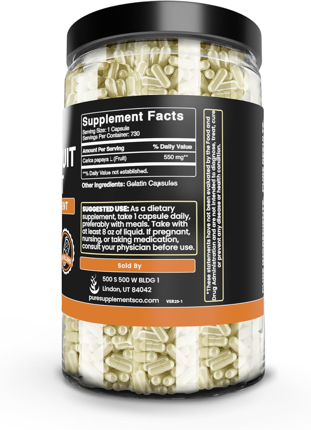 730 Capsules of Pure Papaya Extract, No Magnesium or Rice Fillers - Lab Verified Quality