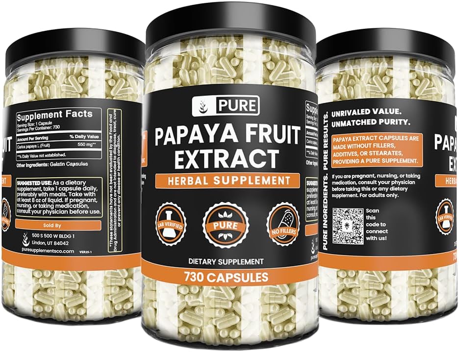 730 Capsules of Pure Papaya Extract, No Magnesium or Rice Fillers - Lab Verified Quality
