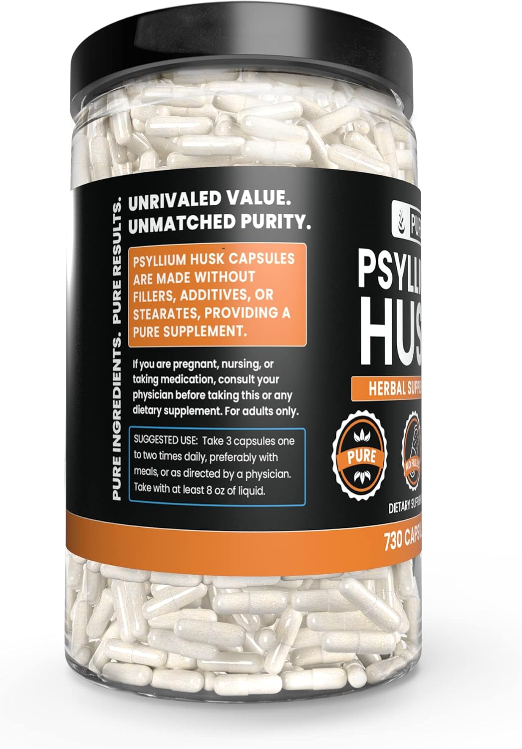 730 Capsules of Pure Psyllium Husk - No Magnesium or Rice Fillers - Lab Verified