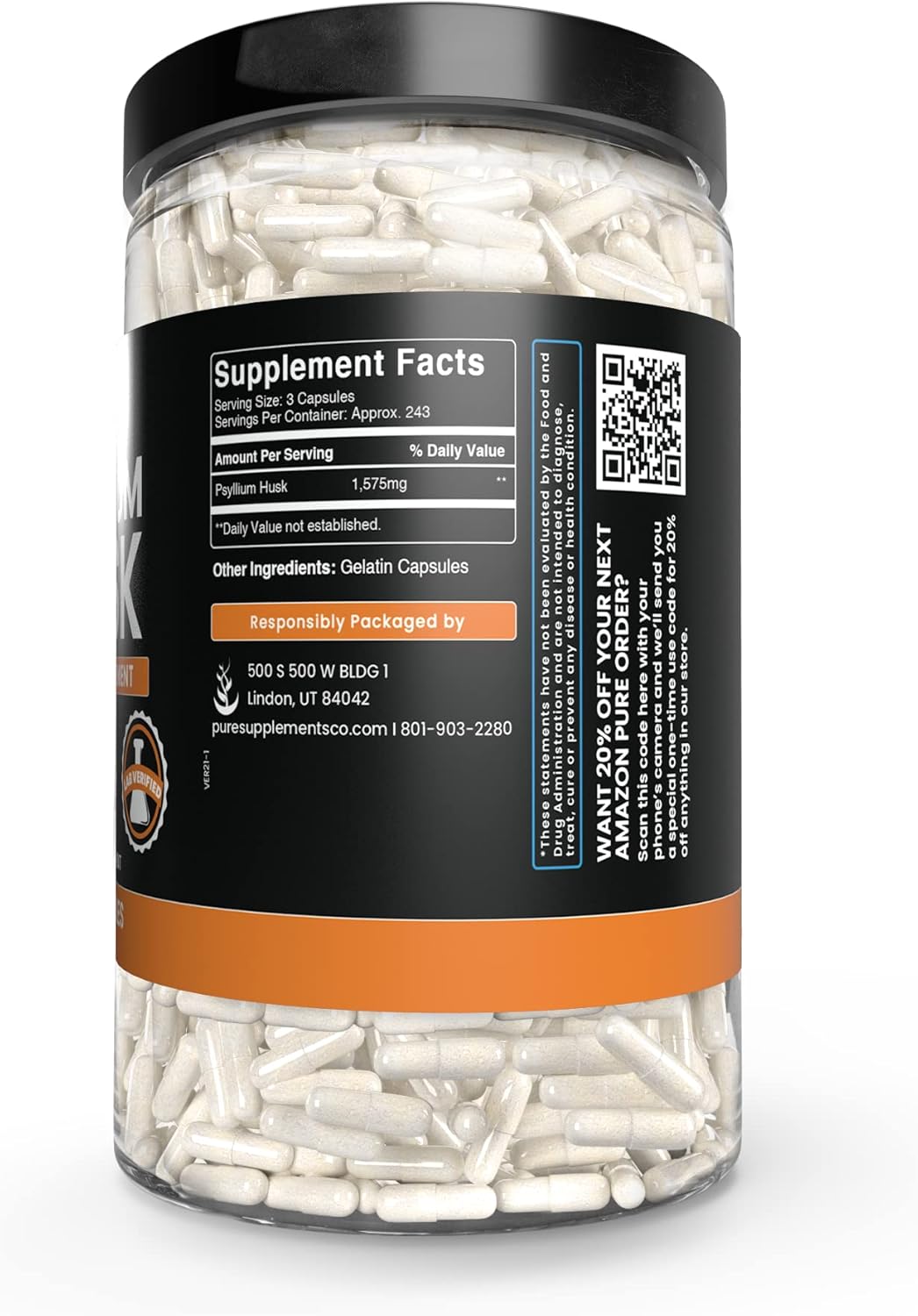 730 Capsules of Pure Psyllium Husk - No Magnesium or Rice Fillers - Lab Verified