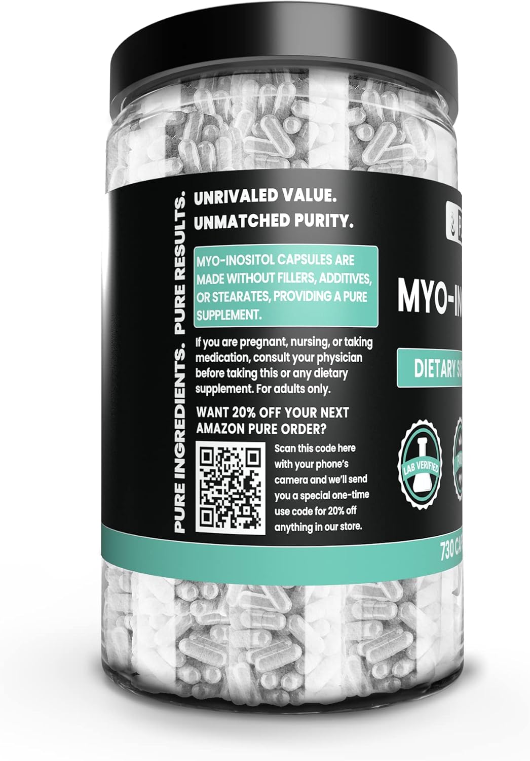 730 Capsules Pure Myo-Inositol with No Magnesium or Rice Fillers - Lab Verified and Always Pure