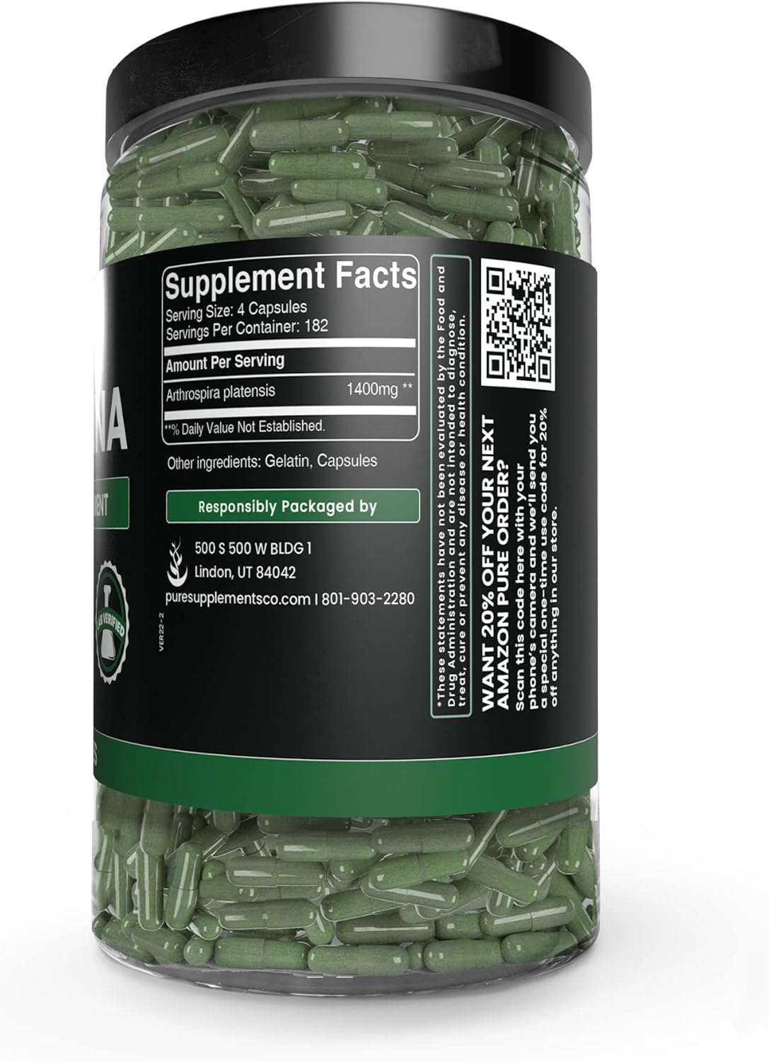 730 Pure Spirulina Capsules - No Magnesium or Rice Fillers, Lab Verified, Always Original Ingredients