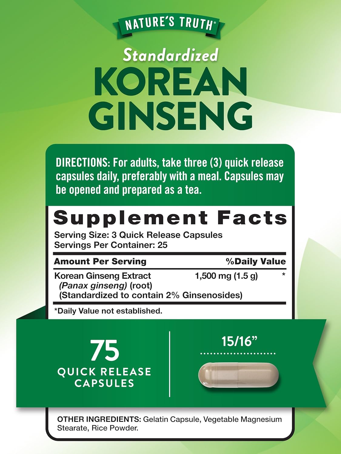 75 Count Nature's Truth Korean Ginseng Capsules with Standardized Extract - Non-GMO & Gluten Free Supplement