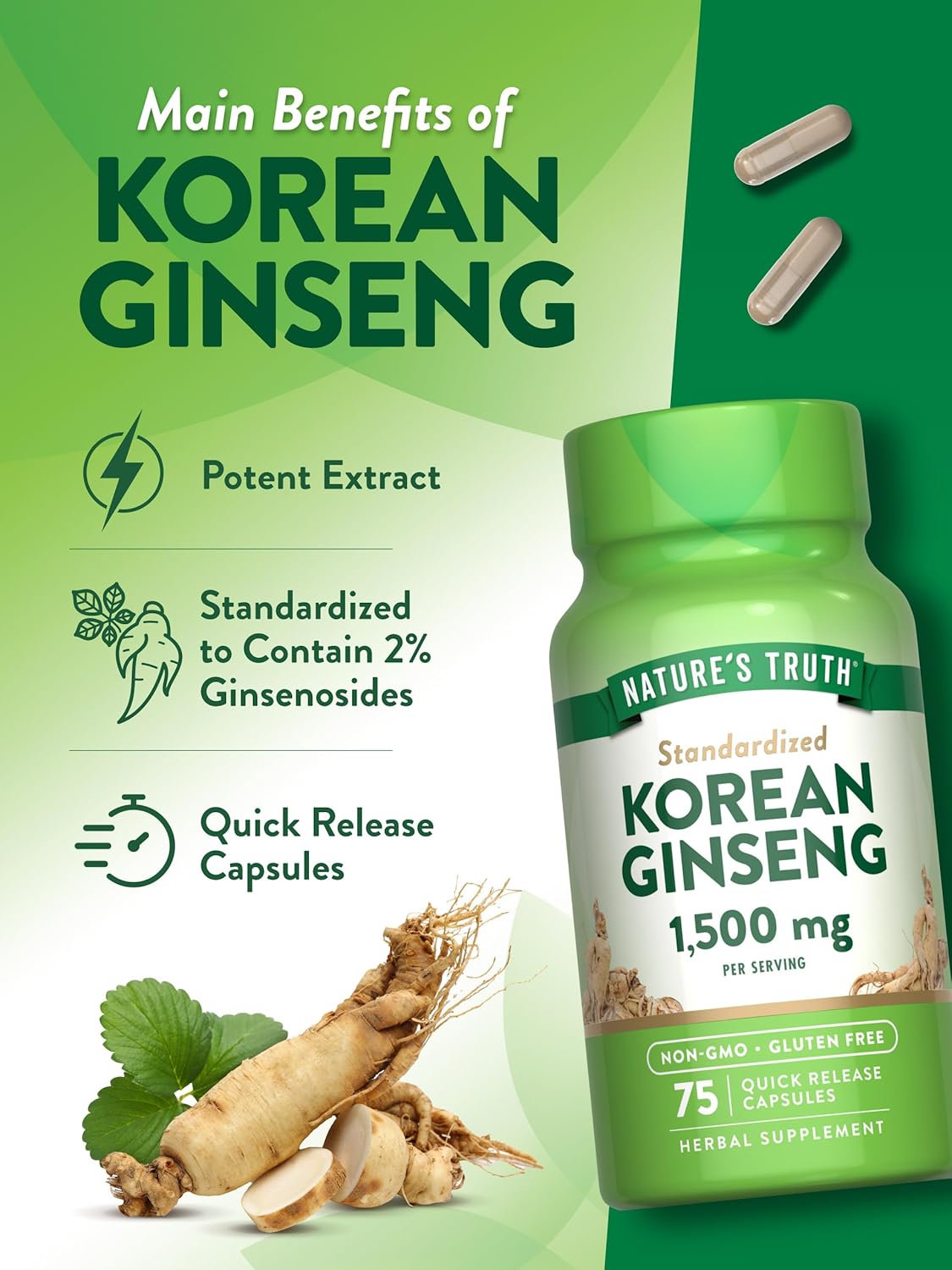 75 Count Nature's Truth Korean Ginseng Capsules with Standardized Extract - Non-GMO & Gluten Free Supplement