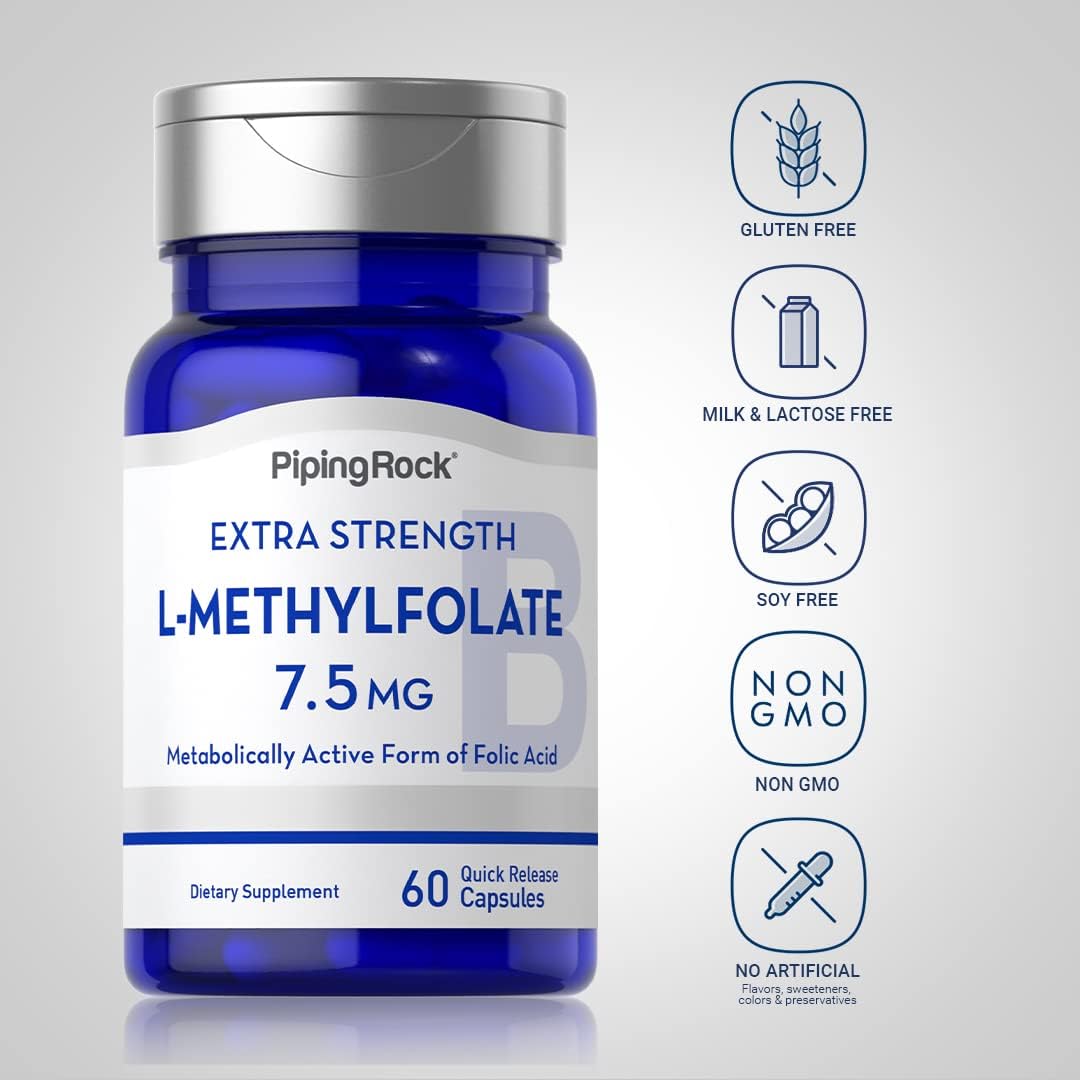 7.5 mg L-Methylfolate Capsules - 60 Count | Extra Strength Folic Acid Supplement | Non-GMO, Gluten Free by Piping Rock