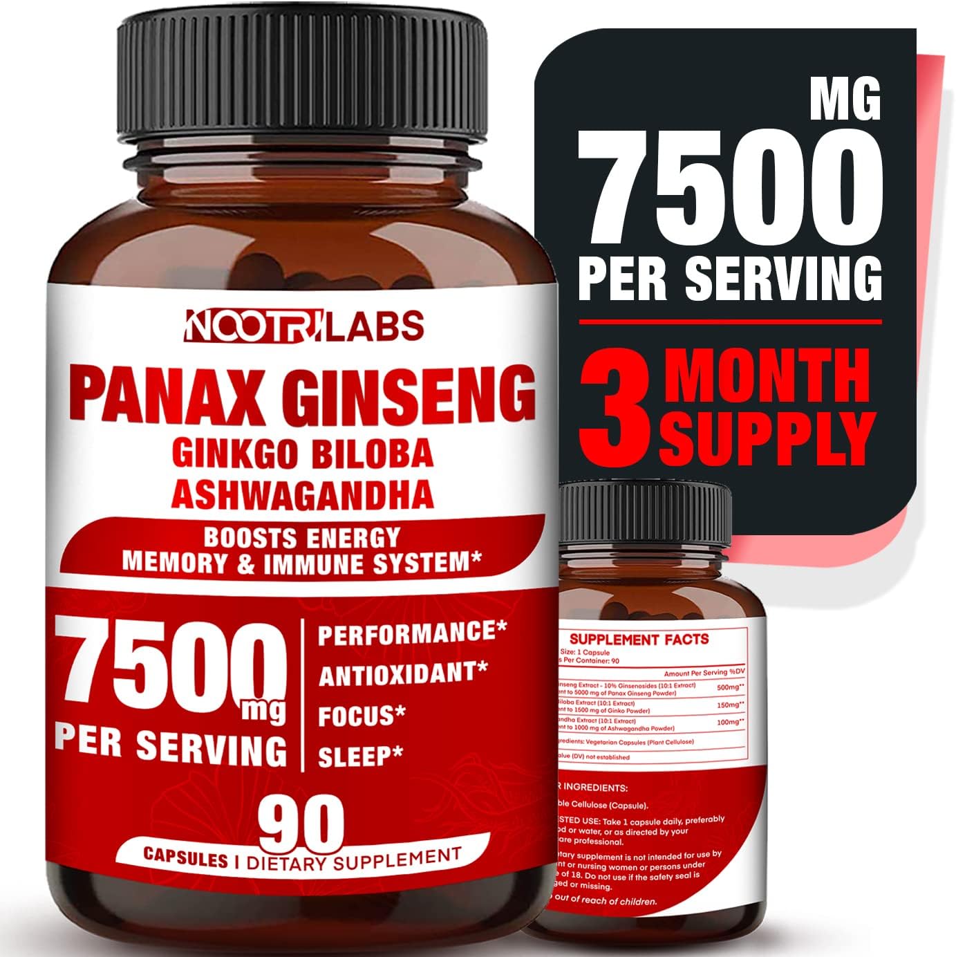 7500mg Korean Red Panax Ginseng with Ginkgo Biloba and Ashwagandha - Energy, Memory, Immune Support - 90 Vegan Capsules - Men and Women Focus Supplement