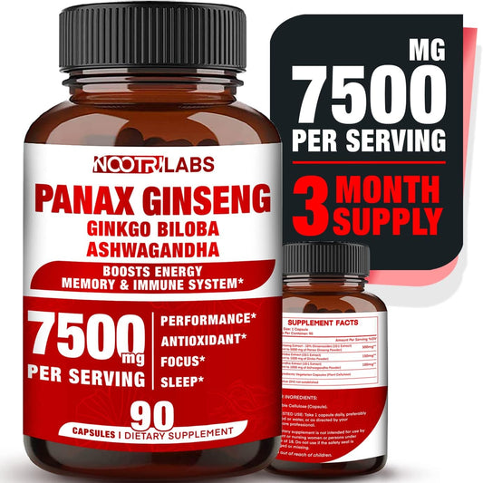 7500mg Korean Red Panax Ginseng with Ginkgo Biloba and Ashwagandha - Energy, Memory, Immune Support - 90 Vegan Capsules - Men and Women Focus Supplement