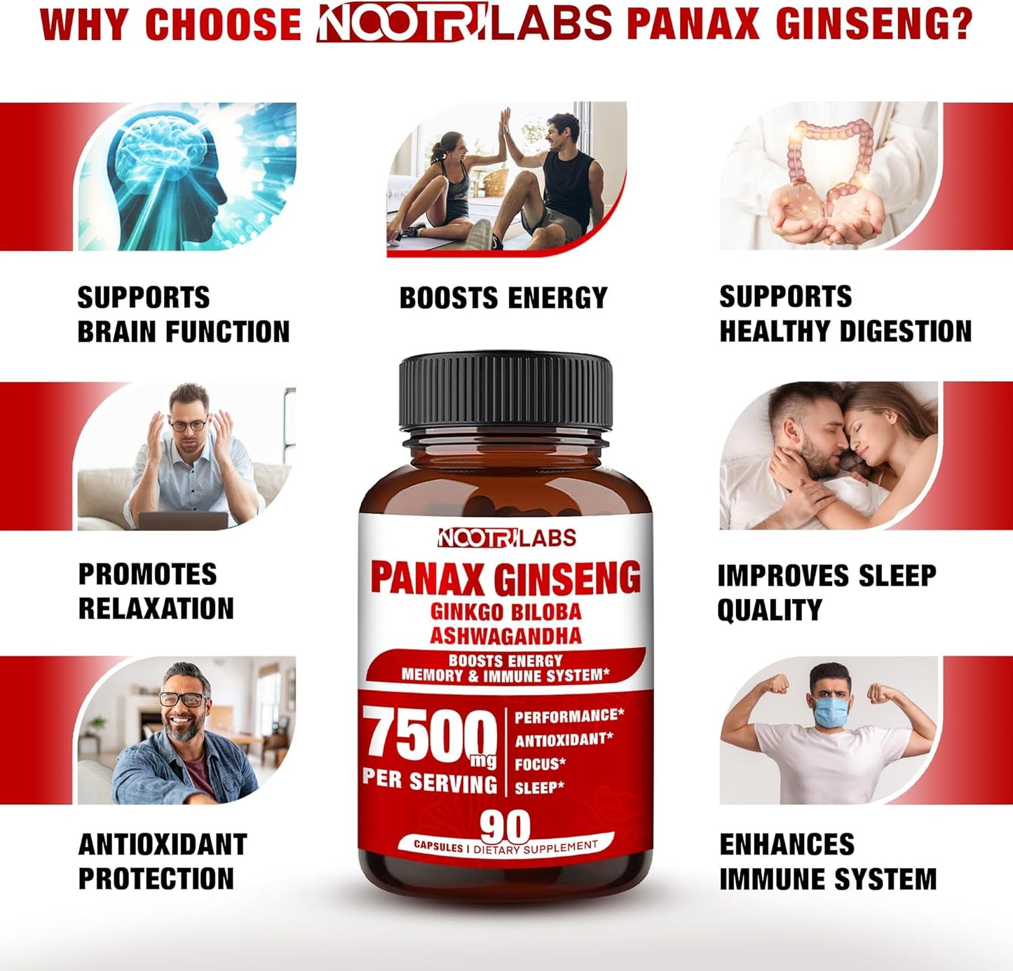 7500mg Korean Red Panax Ginseng with Ginkgo Biloba and Ashwagandha - Energy, Memory, Immune Support - 90 Vegan Capsules - Men and Women Focus Supplement