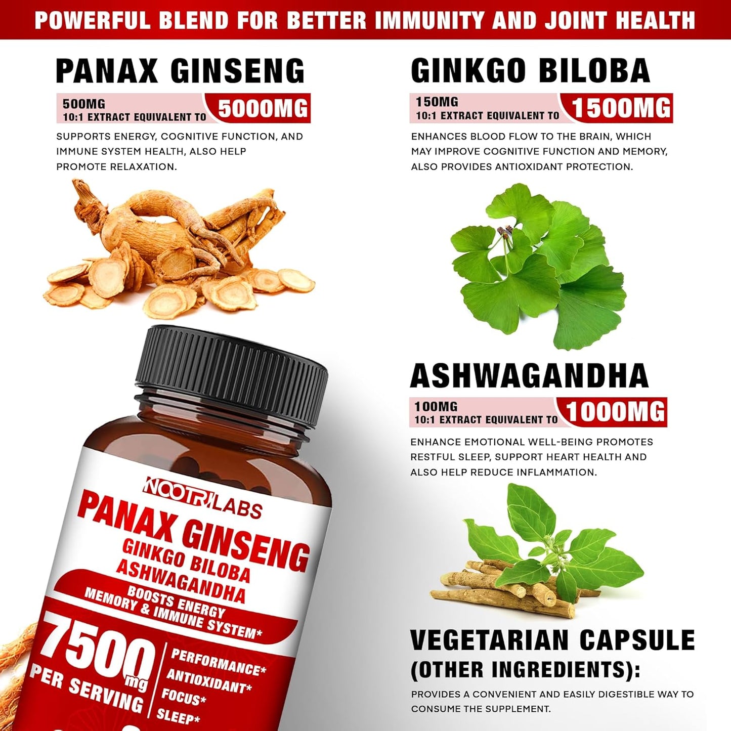 7500mg Korean Red Panax Ginseng with Ginkgo Biloba and Ashwagandha - Energy, Memory, Immune Support - 90 Vegan Capsules - Men and Women Focus Supplement