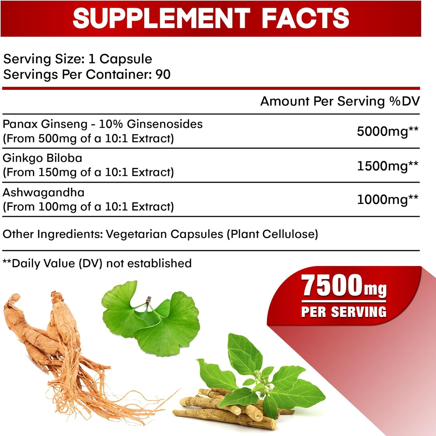 7500mg Korean Red Panax Ginseng with Ginkgo Biloba and Ashwagandha - Energy, Memory, Immune Support - 90 Vegan Capsules - Men and Women Focus Supplement